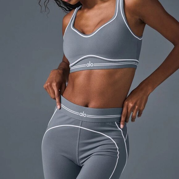 ALO Yoga Pants - Alo Yoga Airbrush Heart Throb Bra & Leggings Set in Steel Grey/White